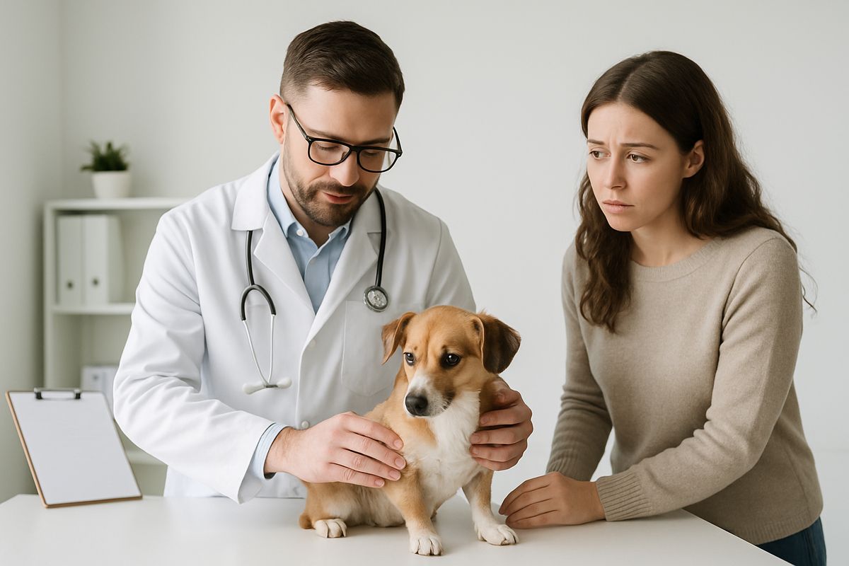 A veterinarian gently examining a small dog on an exam table while the owner watches worriedly, with a stethoscope, clipboard, and a calm clinical room in the background