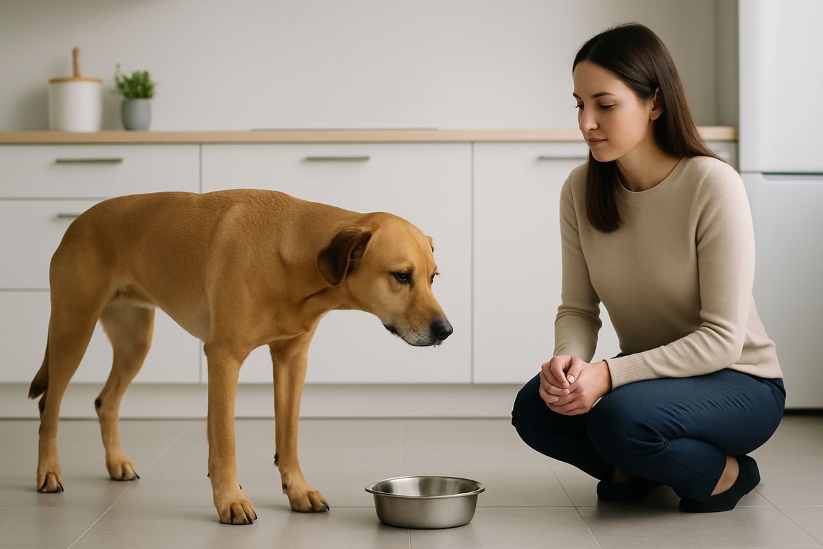 A medium-sized dog standing stiffly beside a low food bowl in a home kitchen, head held low and neck rigid while the owner kneels nearby watching, with the dog looking tired and reluctant to move
