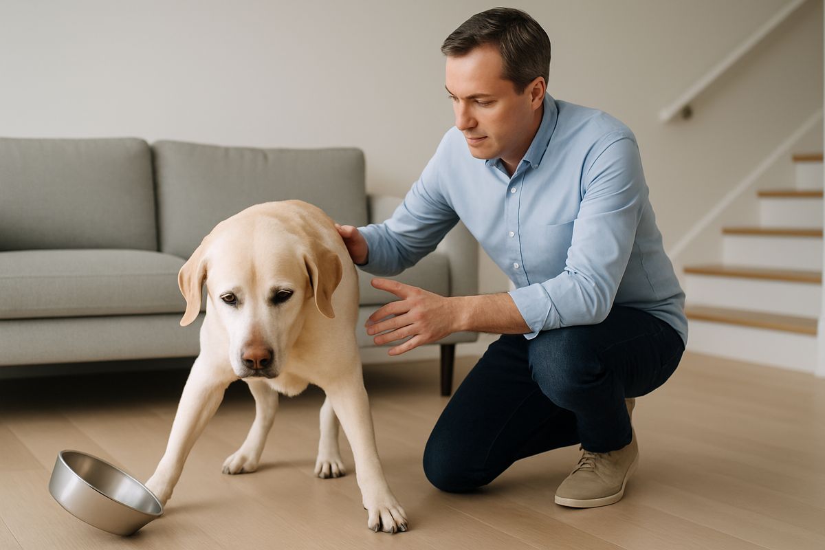 A dog stumbling unsteadily across a living room floor while another dog owner kneels nearby checking the pet’s balance, with a tilted water bowl and a staircase in the background