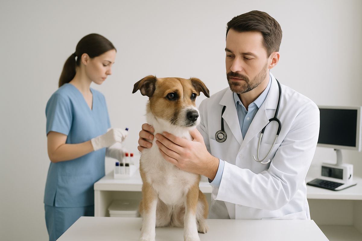A veterinary exam room where a veterinarian gently checks a dog's neck and posture on an exam table while a technician prepares lab samples and imaging equipment in the background