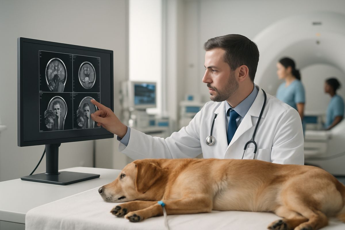 A veterinary neurologist reviewing an MRI scan on a large monitor beside a sedated dog on a hospital table, with diagnostic equipment and medical staff in an imaging suite