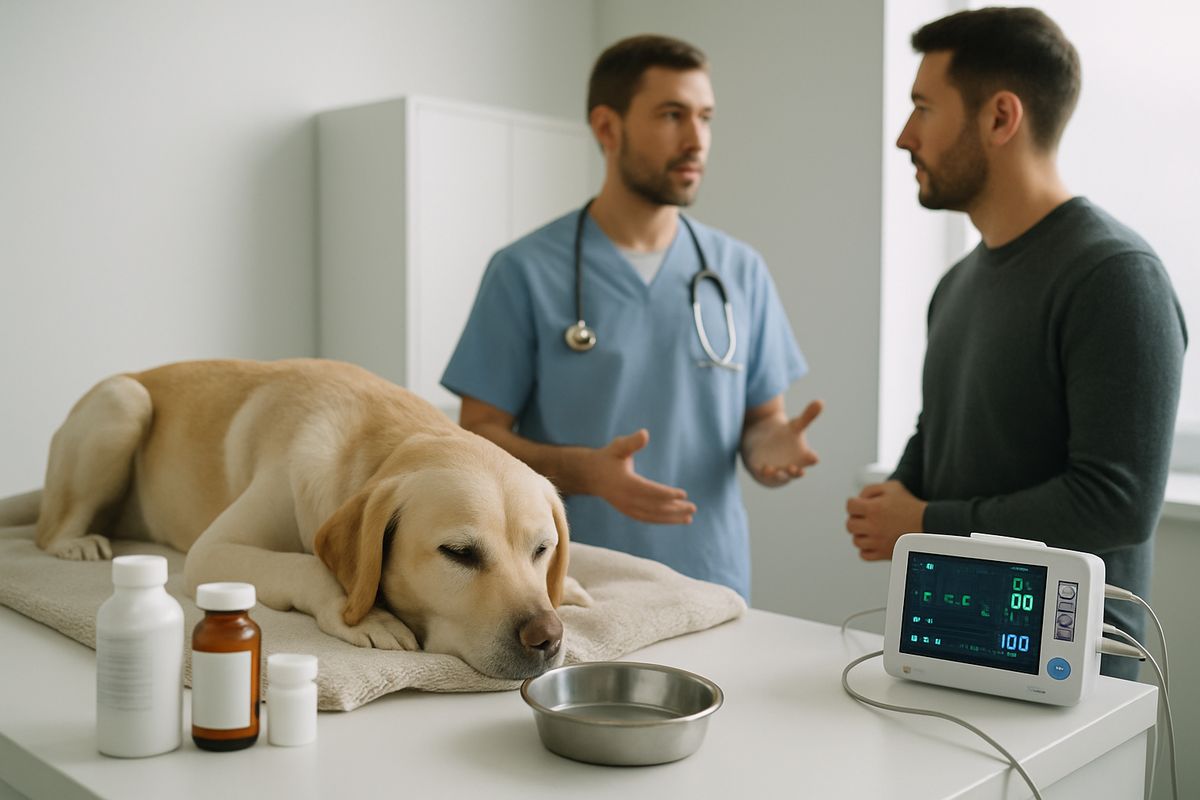 A calm dog resting on a blanket in a veterinary clinic receiving care, with a veterinarian speaking to the owner nearby while medication bottles, a water bowl, and monitoring equipment sit on a counter