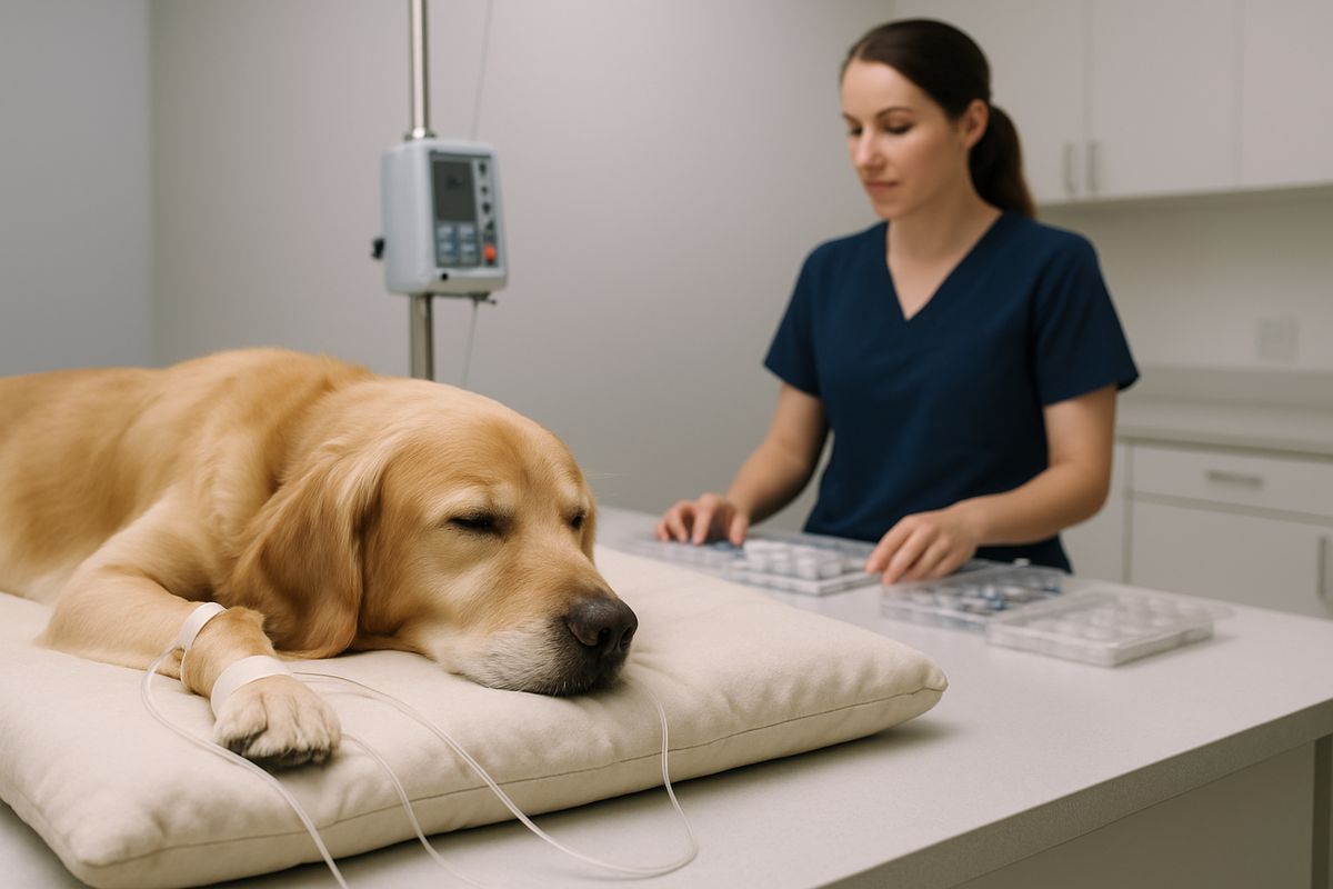 A hospitalized dog resting on a padded veterinary bed with IV lines attached while a technician monitors the patient and prepares medication trays in a quiet treatment room